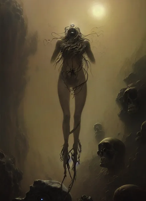 Prompt: shackled in the void of hell, frank frank frazetta and cgsociety, stunning god of sasquatch, charlie bowater and tom bagshaw, insanely detailed, deviantart, space art, atoms surrounded by skulls, death, and spirits deep under the haze smoke, horror, sci - fi, surrealist painting, by peter mohrbacher