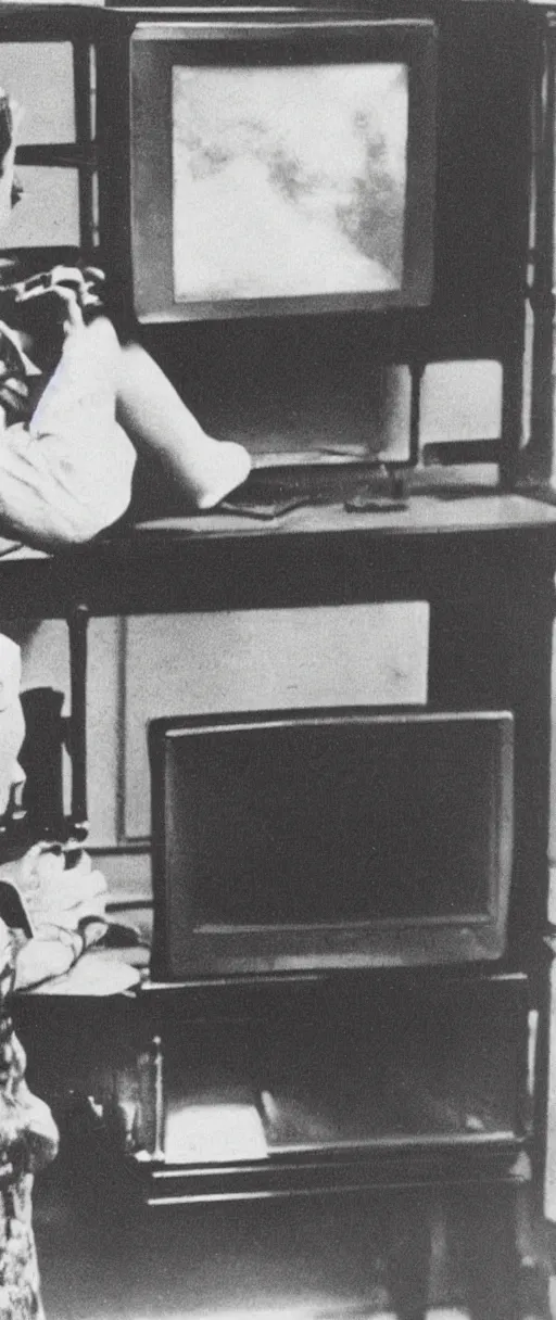 Image similar to 1 9 0 0 s photo of a person watching a flat screen hd tv