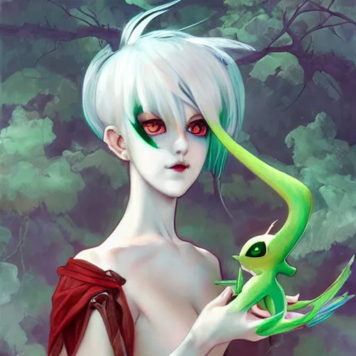 Image similar to Attractive Gardevoir pokemon Gajinka as a small human girl , highly detailed, digital pencil painting, anime, cartoonish, hybrid human / anthro, monster girl, sharp focus, illustration, art by artgerm and greg rutkowski and alphonse mucha