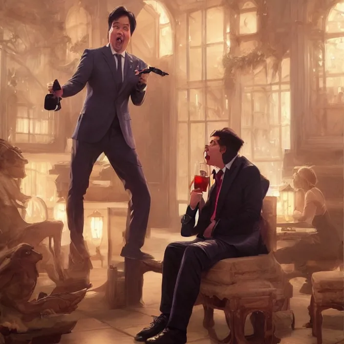 Image similar to michael mcintyre flirting with a singing waitress, elegant, real life skin, intricate artwork, high detailed, artstation, concept art, smooth, sharp focus, art by artgerm and greg rutkowski