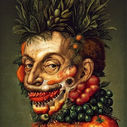 Prompt: Giuseppe Arcimboldo's fruit and vegetable portrait of Nicolas Sarkozy