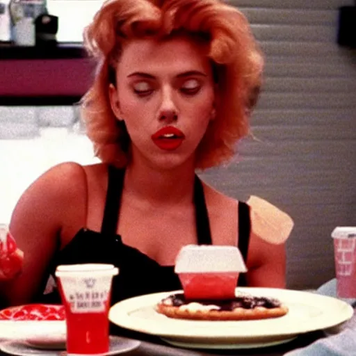 Image similar to Scarlett Johansson serving cherry pie at the double r diner in Twin Peaks (1990)