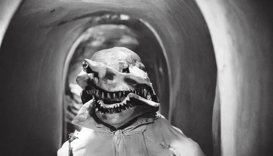 Prompt: 70s movie still close-up portrait of a man with a taxidermic bloody jaws and meat dress in a liminal space style tunnel, early black and white 8mm, heavy grain, high quality,