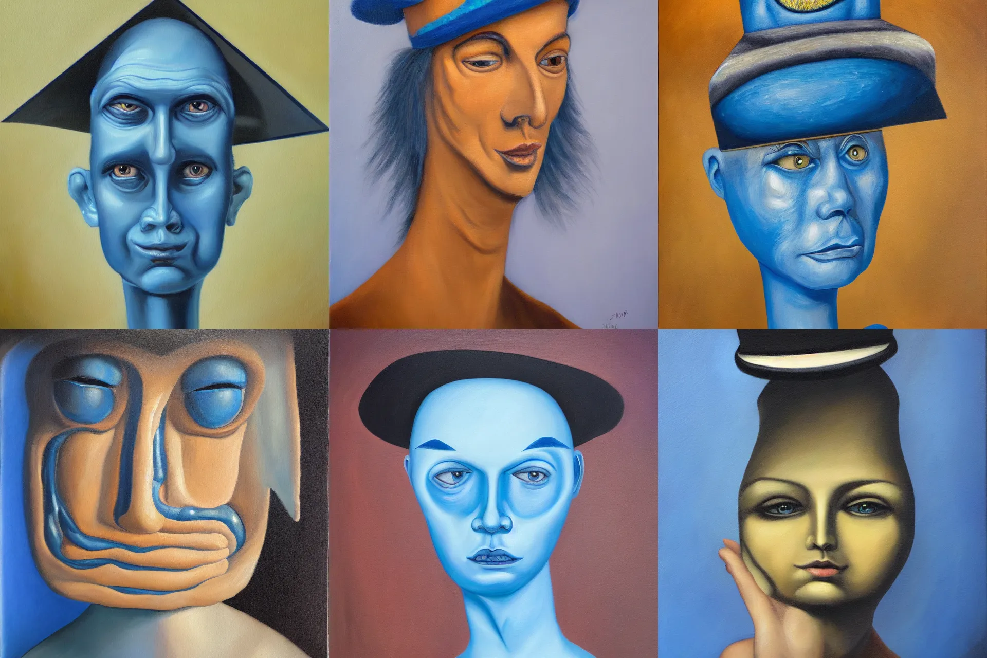 Prompt: surreal oil painting portrait of a blue humanoid wearing a funny brow hat