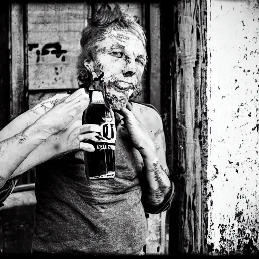 Prompt: crusty train punk drinking a 40oz malt liquor outside an abandoned home, black and white high definition photograph