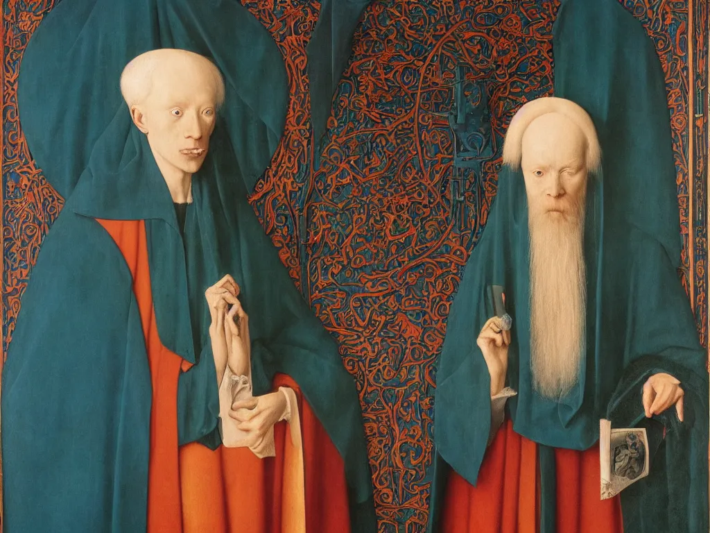 Image similar to Portrait of albino mystic with blue eyes, with Christian Orthodox icon. Painting by Jan van Eyck, Audubon, Rene Magritte, Agnes Pelton, Max Ernst, Walton Ford