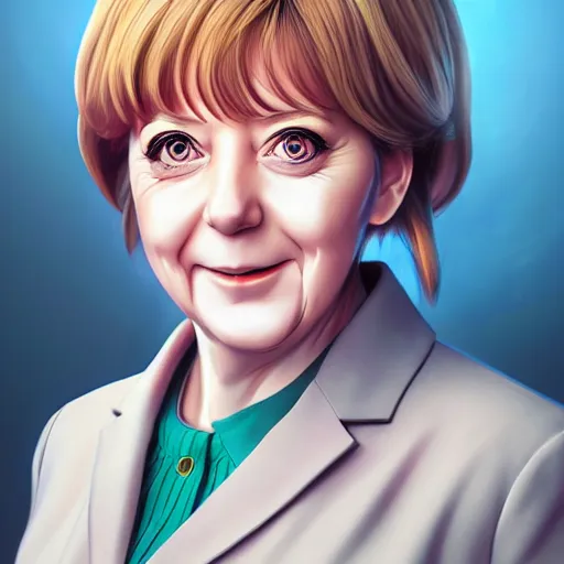 Image similar to anime portrait of Angela Merkel as an anime girl by Stanley Artgerm Lau, WLOP, Rossdraws, James Jean, Andrei Riabovitchev, Marc Simonetti, and Sakimichan, trending on artstation