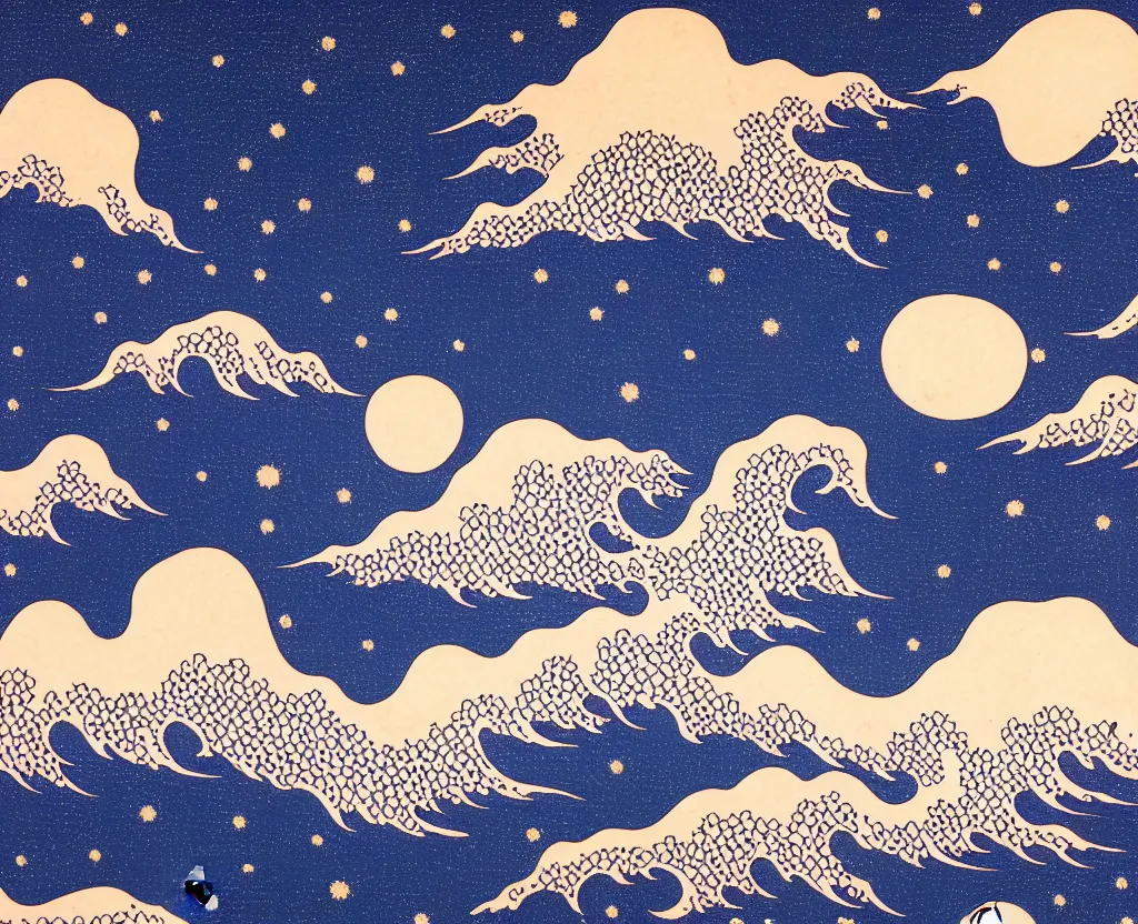 Prompt: dream waves on the starfields by katsushika hokusai and yayoi kusama