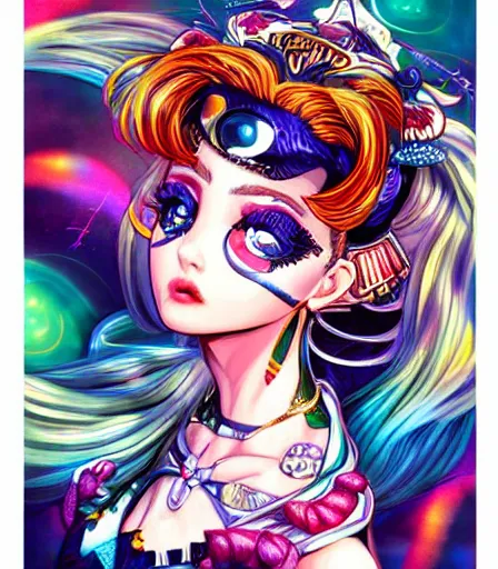 Prompt: hyper detailed comic illustration of a Rococopunk Sailor Moon, hourglass figure, gorgeous face, by artgerm intricate details, bright vibrant colors , solid background, low angle fish eye lens