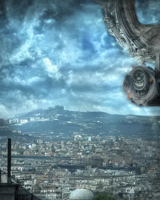 Image similar to napoli from unreal game looking in a camera. Alien world on background. Digital art