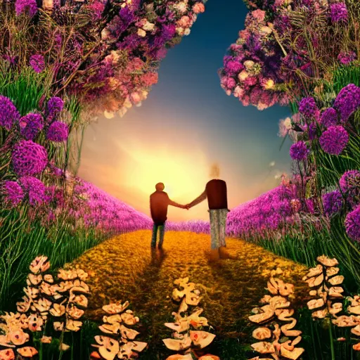 Image similar to a man is white and balding, and middle aged, and the other man is latino and skinny, together in a field of flowers at sunset, realistic, intricate, 4k