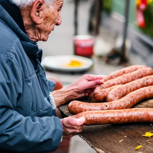 Prompt: An elderly man posting a sausage, Canon EOS R3, f/1.4, ISO 200, 1/160s, 8K, RAW, unedited, symmetrical balance, in-frame