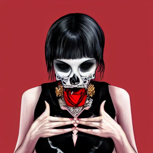 Image similar to Goth woman. holding a red and black skull with diamond shaped eyes. with the top cut off in one hand up to her face like hamlet. kodachrome, high contrast, highly detailed, sharp focus, digital painting, concept art, illustration, trending on artstation,