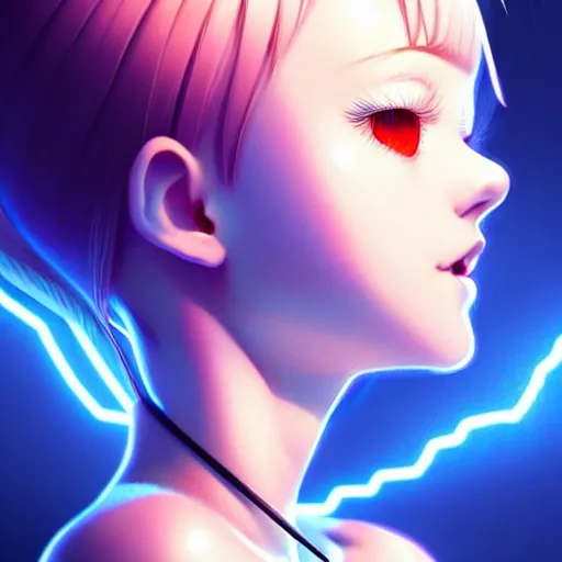 Image similar to cute girl electrocuted, sparks, lightning, occlusion shadow, specular reflection, rim light, unreal engine, range murata, artstation, pinterest, art by hiroaki samura and ilya kuvshinov and rossdraws, intricate, highly detailed 8 k, art deco illustration, realistic, extremely beautiful shape of face, neck, shoulders eyes