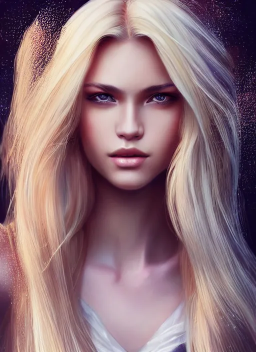 Image similar to photo of a gorgeous female with long blonde hair in the style of stefan kostic, realistic, full body shot, wide angle, sharp focus, 8 k high definition, insanely detailed, intricate, elegant, art by stanley lau and artgerm, floating embers