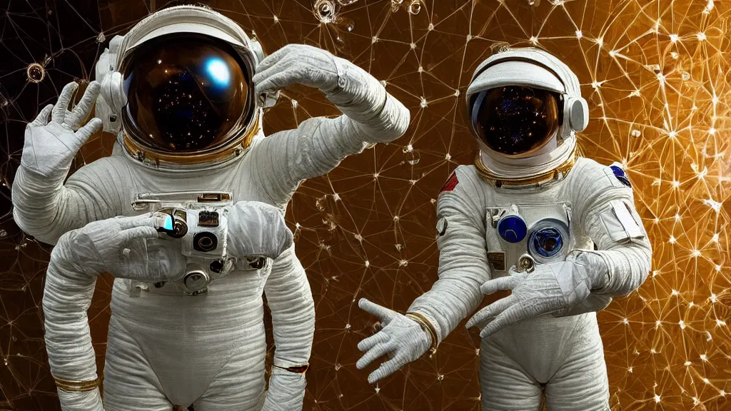 Image similar to a single astronaut eva suit made of diamond 3d fractal lace iridescent bubble 3d skin and covered with insectoid compound eye camera lenses floats through the living room, film still from the movie directed by Denis Villeneuve with art direction by Salvador Dalí, wide lens,