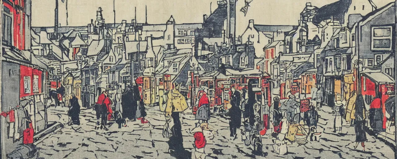 Prompt: a painting of street life in kirkwall orkney, color japanese Woodcut
