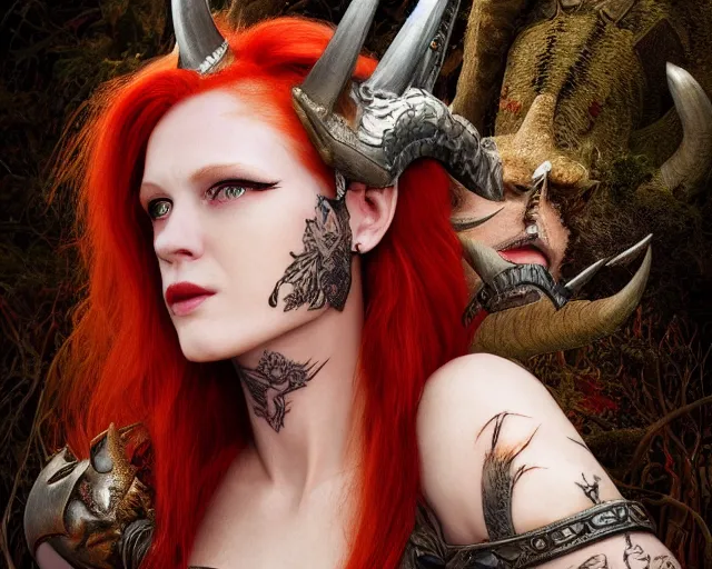 Image similar to 5 5 mm portrait photo of an armored gorgeous anesthetic redhead woman warrior with a face tattoo and horns growing from her head, and dragon sitting on her shoulder in a magical forest in the style of stefan kostic, art by luis royo. highly detailed 8 k. intricate. lifelike. soft light. nikon d 8 5 0. cinematic post - processing