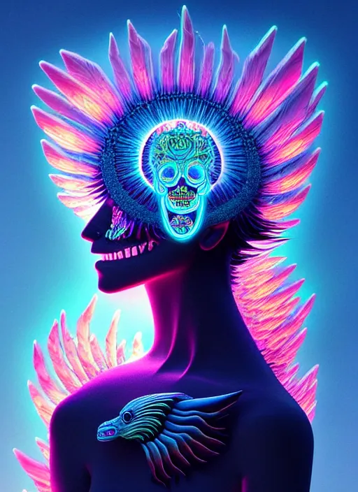 Image similar to 3 d goddess profile portrait, sigma 5 0 0 mm f / 5. beautiful intricate highly detailed quetzalcoatl skull and feathers. bioluminescent, plasma, lava, ice, water, wind, creature, thunderstorm! artwork by tooth wu and wlop and beeple and greg rutkowski, 8 k trending on artstation,