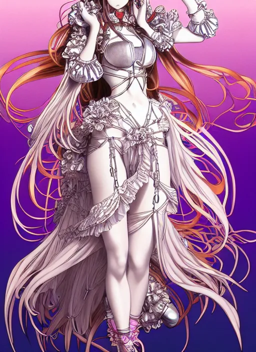 Prompt: highly detailed artstation anime poster of girl mechine, long hair, armor, dress, laces, ruffles, 8 k, rainbow gradient bloom, maximalist, takeshi obata, artgerm, hajime sorayama, alphonse mucha