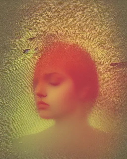 Image similar to a woman's face in the water, ripples, serene emotion, new polaroid, glitched, hazy, red, orange, yellow, soft lighting, jellyfish