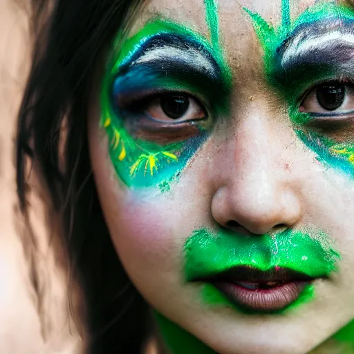 Image similar to minimalist photography portrait of aloy, an elaborately adorned female shaman warrior, face paint, symmetrical, super close up, mid thirties, cute round green slanted eyes, porcelain skin, wide nostrils, chubby cheeks, high flat eyebrows, ethereal essence, angelic, leica 1 0 0 mm f 0. 8