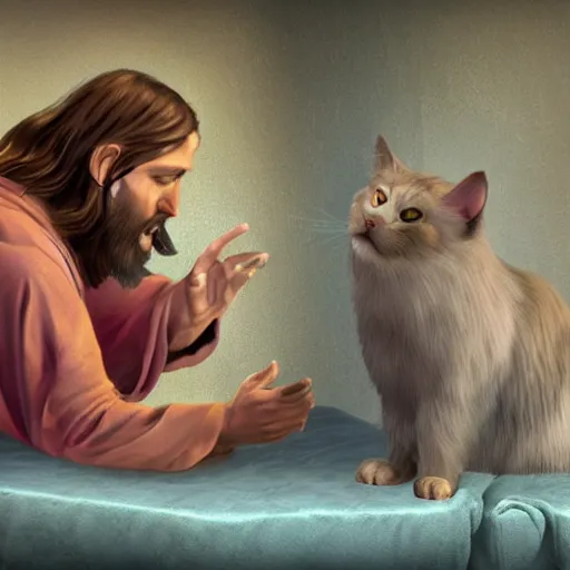 Image similar to moist critical begging jesus not to kill his cat, hd, 4 k, vr support, for gamers,