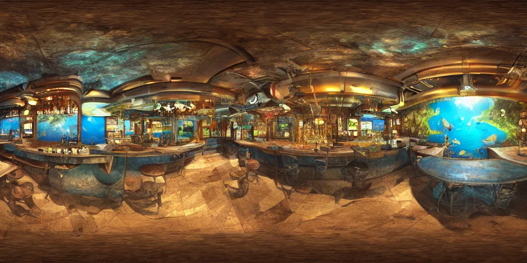 Image similar to 3 6 0 panorama hdr environment map of a bar under the sea photograph detail focus octane render