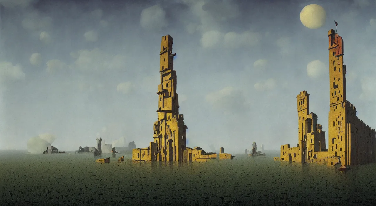 Prompt: a high contrast!!! painting of a minimalist flooded ancient tower by rene magritte simon stalenhag carl spitzweg jim burns, full-length view, vibrant colors, symmetry, great composition, high detail, cinematic lighting, award winning masterpiece, trending on artstation