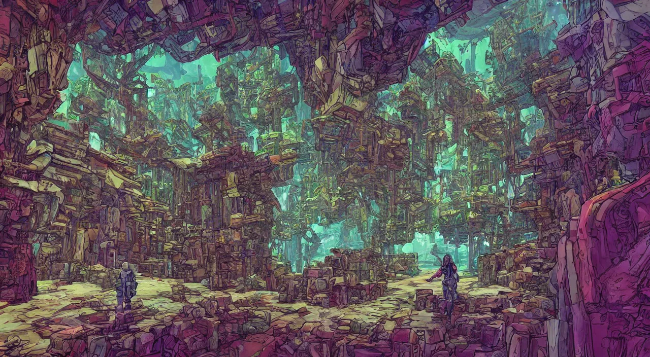 Image similar to open door wood wall fortress greeble block amazon jungle on portal unknow world ambiant fornite colorful deepdream that looks like it is from borderlands and by feng zhu and loish and laurie greasley, victo ngai, andreas rocha, john harris