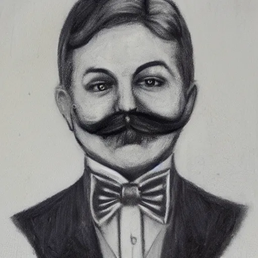 Prompt: charcoal portrait of an early 20th century occult detective mustache, bow tie