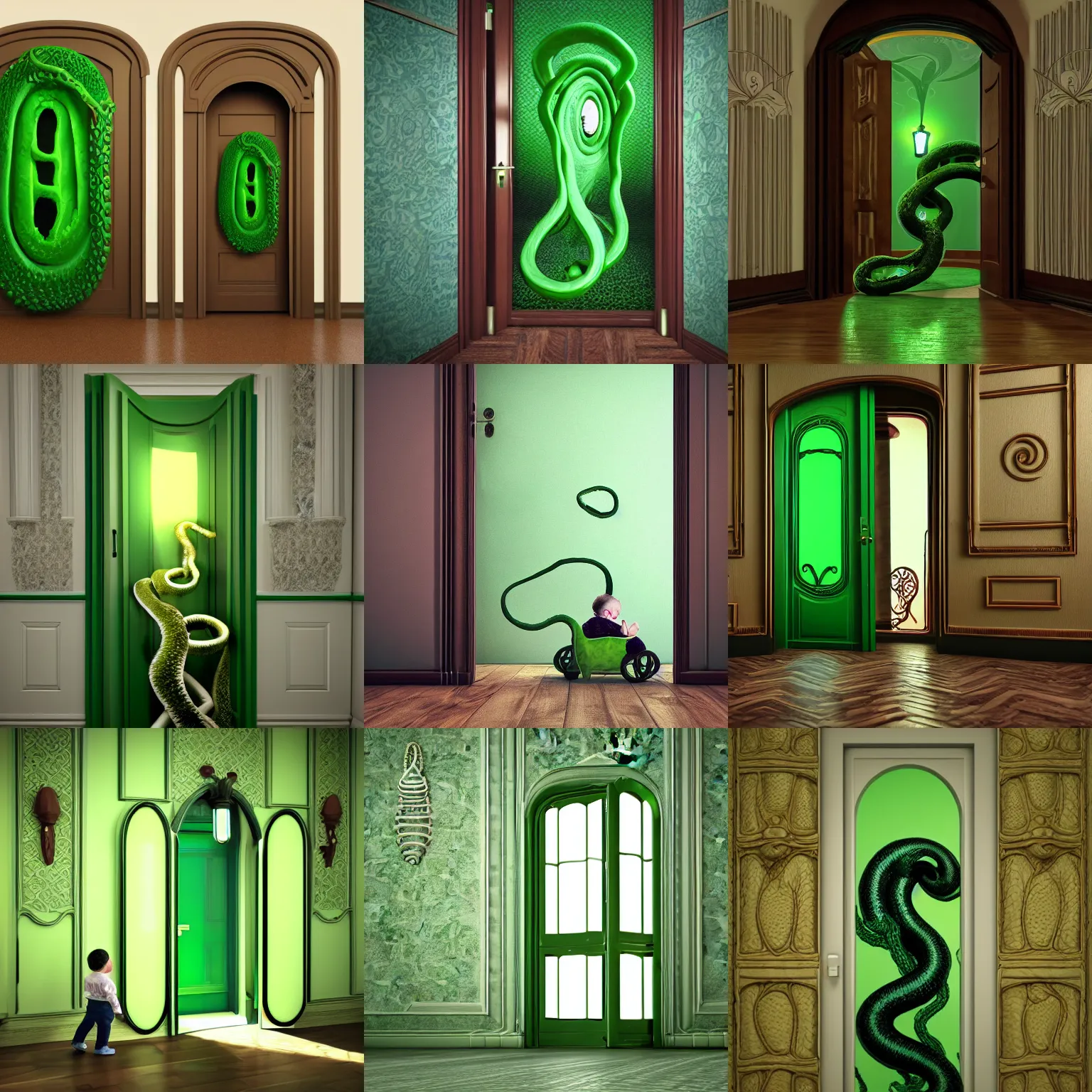 Prompt: a terror tentacle entering by the door in a art nouveau room with a baby stroller, dark illumination, the tentacle is green with a lot of teeth, 3d render, hyper realistic