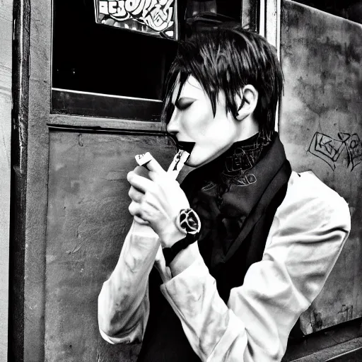 Prompt: androgynous punk smoking cigarette outside bar, photo iphone