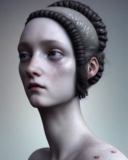 Image similar to dreamy, monochrome, subsurface scattering, white, young beautiful cyborg - goddess in cosmos, octane render, dino valls, mark ryden, joe fenton, michal karcz, highly detailed, rim light, art, cinematic lighting, very coherent, hyper realism, 8 k