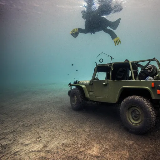 Image similar to eerie murky underwater photo of an upside - down military jeep sinking down. the jeep is inverted. bubbles. 4 k.