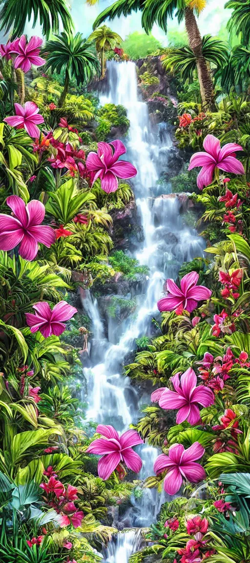 Image similar to cascading concept art of an exotic garden with waterfall pools, and flowers and palm trees, plumeria, hibiscus, detailed, highly detailed, aesthetic, realistic, hyper realism, colorful, in depth, intricate,