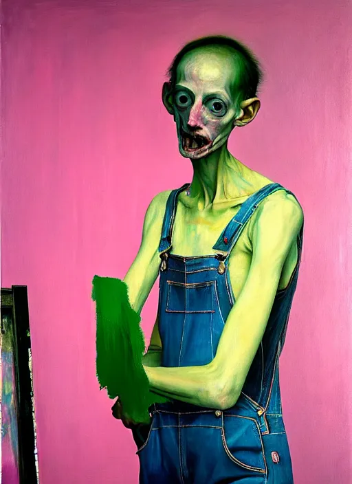 Prompt: a skinny, starving artist wearing overalls, painting the walls inside a grand messy studio, hauntingly surreal, highly detailed painting by francis bacon, edward hopper, adrian ghenie, gerhard richter, and james jean, soft light 4 k in pink, green and blue colour palette