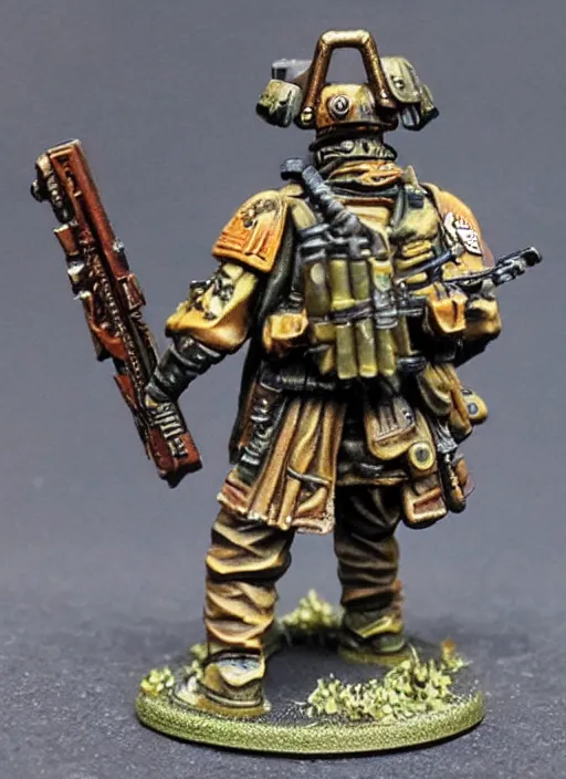 Prompt: 8 0 mm resin detailed miniature of a warhammer 4 0 k wounded catachan soldier, carrying huge sniper, product introduction photos, 4 k, full body