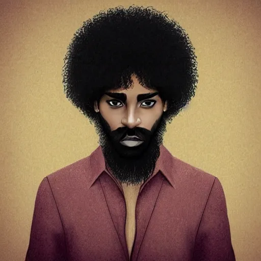 Prompt: prince with a beard and long hair, dark skin, Arabic, highly detailed, hyperrealistic