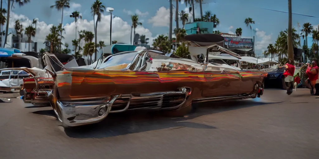 Prompt: highly detailed photo of an award winning lowrider, cruising at a car show, car bounce, air suspension, cheering fan girls, 4 k, 2 fast 2 furious style, octane render, unreal engine, ue 5, maya, ray tracing