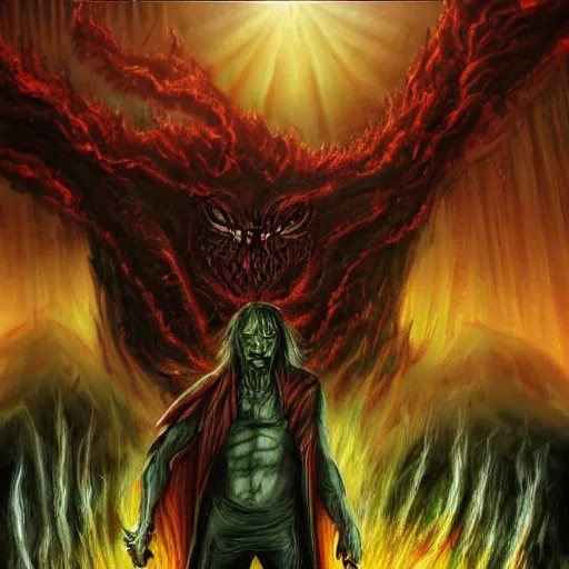 Prompt: An epic fantasy comic book style portrait painting of anti-life, The Beast of Judgement, The dark at the end of everything, The End of Times, King of Entropy, Embodiment of Chaos, Death of all, The Endless, Beyond the rules of Physics, Above Meaning, Torrential rain of blood, the Earth sprouts lava, the suns light is consumed, all things cease to exist, Colossal, Monumental, Incommensurate, Incomprehensible, Reality warping, Cosmic Entity approaches the Earth, 3D fractals, volumetric lighting, sharp focus, ultra-detailed, hyperrealistic, complex, intricate, 3-point perspective, unreal engine 5, IMAX quality, cinematic,attention to detail, small details, extra detail, symmetrical, high resolution, octane render, arnold render, PBR, path tracing, 8k, HD, hi-res, award-winning, awe-inspiring, ground-breaking, masterpiece , artgem, Dark Fantasy mixed with Realism, saturated colours, rich colourful