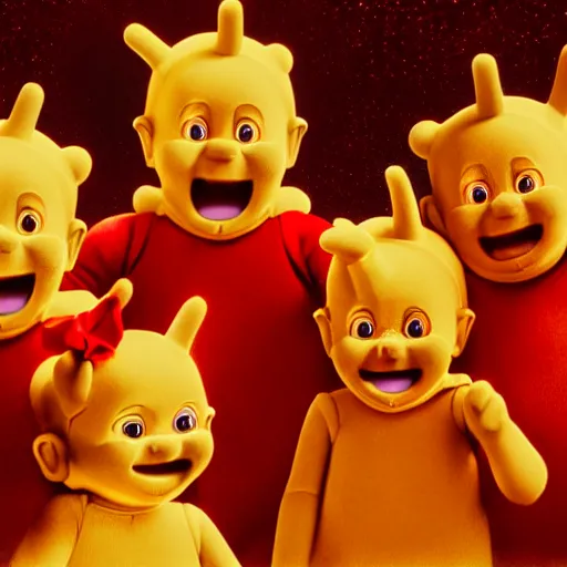 Image similar to A group of 4 Teletubbies, laughing as they make a human sacrifice for their demonic cult in their Teletubby temple. Highly detailed, rendered in unreal engine 5, daguerreotype portrait.