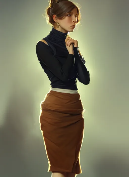 Image similar to portrait of a full body of beautiful young female secretary, d & d, sleeveless turtleneck, pencil skirt, fantasy, flat lighting, intricate, highly detailed, digital painting, artstation, concept art, smooth, sharp focus, illustration, art by simon bisley and greg rutkowski and alphonse mucha, natural tpose