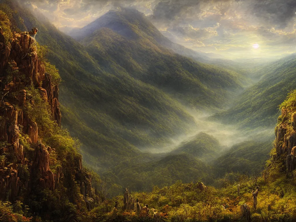 Image similar to a beautiful and highly detailed matte painting of the the appalachian mountains, intricate details, epic scale, insanely complex, 8 k, sharp focus, hyperrealism, very realistic, by caspar friedrich, greg rutowski, james gurney, zeen chin,