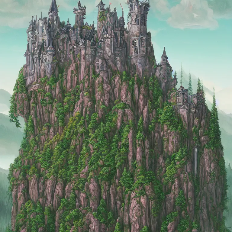 Prompt: a beautiful ultradetailed painting of an elegant high fantasy surreal arcane castle on a green mountain above a forest by wes anderson trending on artstation