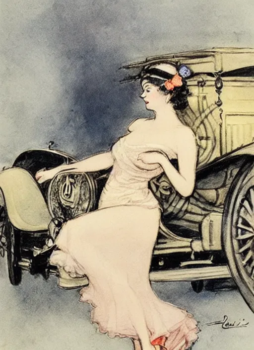 Image similar to Louis Icart, a colored drawing of a woman posing in front of a 1920's car by Louis Icart, highly detailed, masterpiece