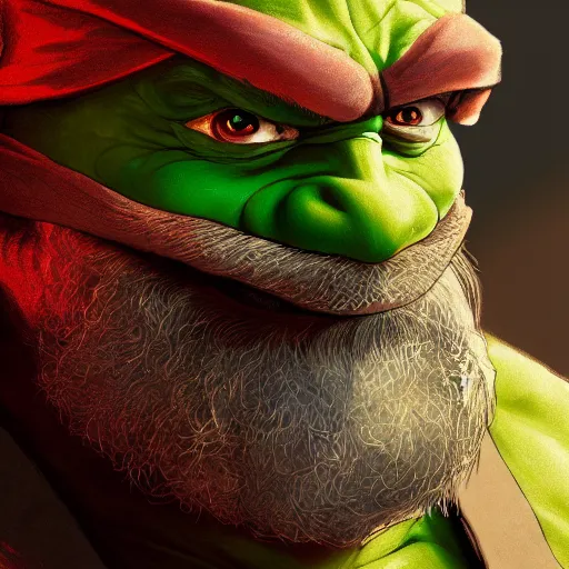 Image similar to teenage mutant ninja turtle, michelangelo, old, white beard, wrinkles, handsome, portrait, profile, intricate, detailed, volumetric lighting, scenery, digital painting, highly detailed, artstation, sharp focus, illustration, concept art, ruan jia, steve mccurry