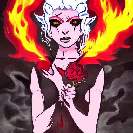 Image similar to super mad demon girl extreme anger with demon horns in a pretty black dress covered in blood with a rose in her hand in front of a destroyed forest in flames, super high detail picture