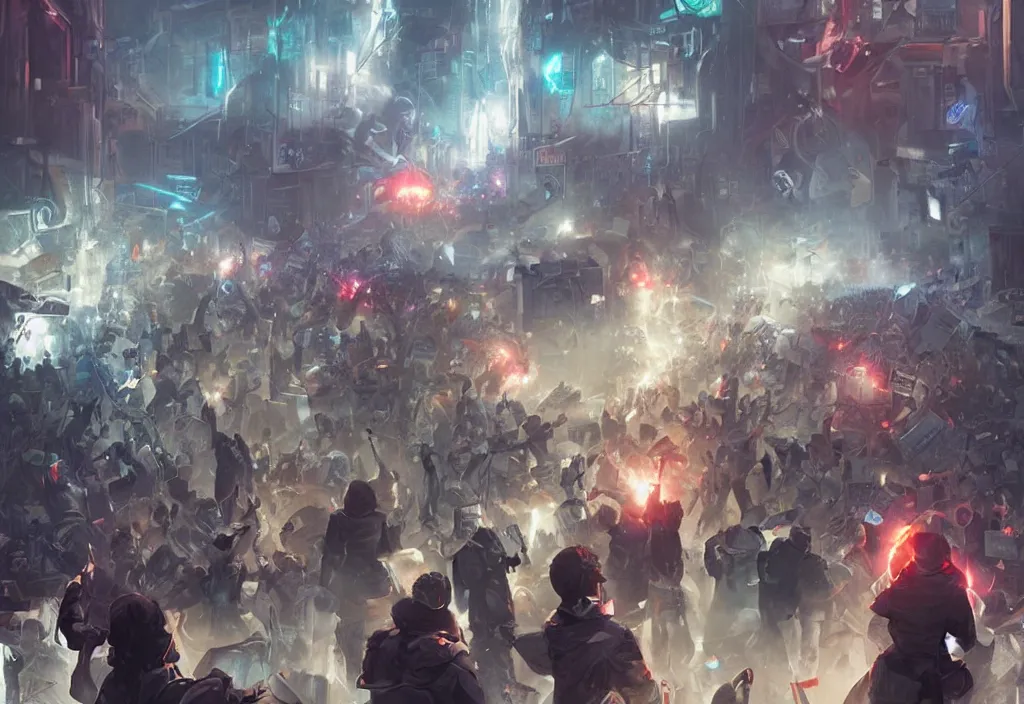 Prompt: angry protesters, detailed digital illustration by greg rutkowski, android netrunner