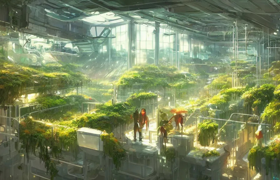 Image similar to concept art of a lush indoor hydroponics lab in a far - future utopian city, key visual, ambient lighting, highly detailed, digital painting, artstation, concept art, sharp focus, by makoto shinkai and akihiko yoshida and hidari and wlop